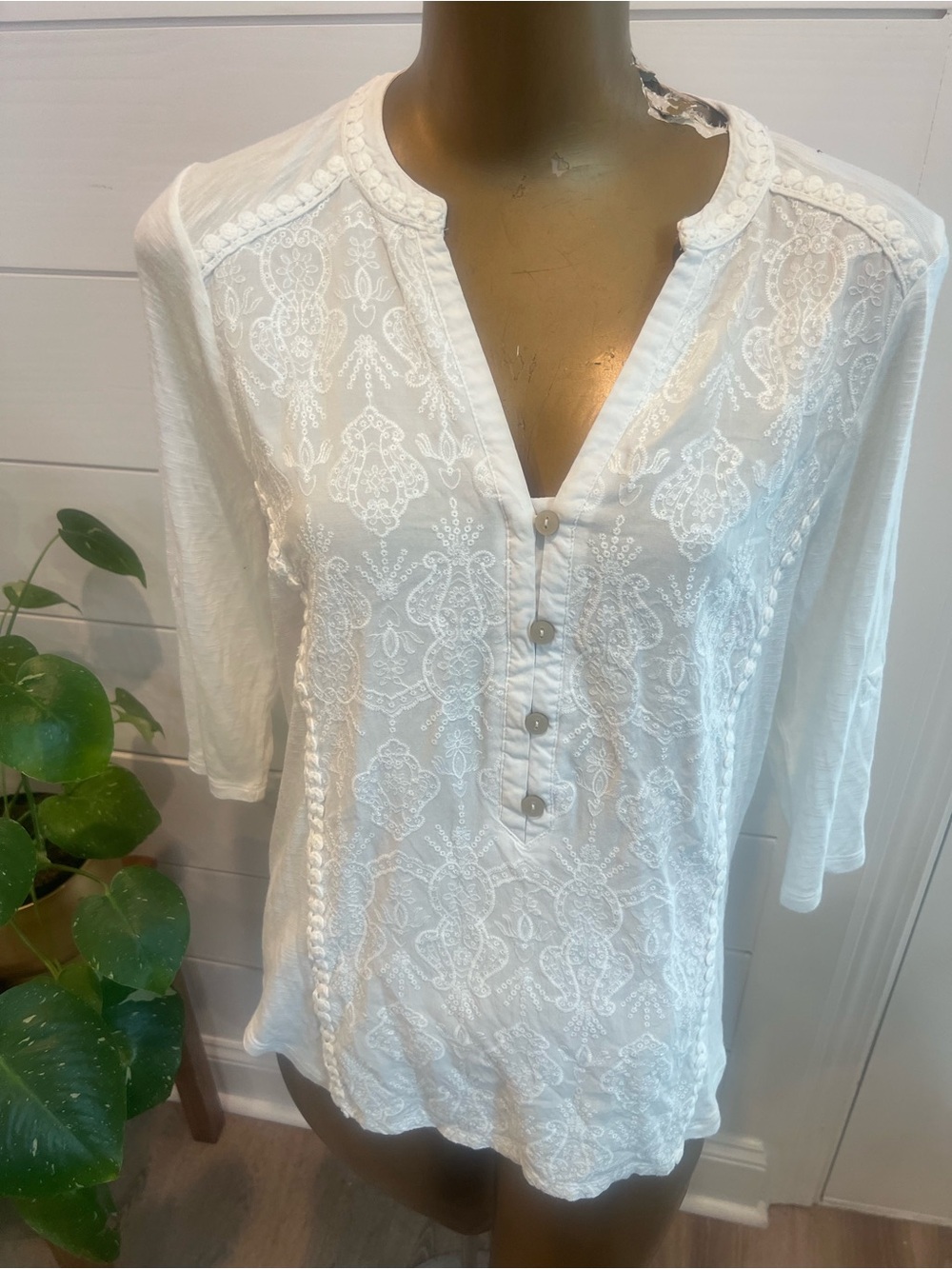 White Embroidered Henley Split-Neck Top